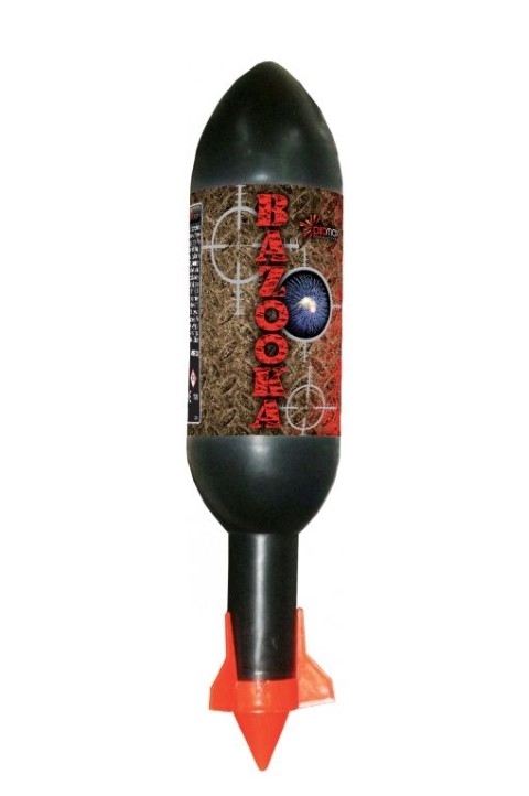Große schwarze Rakete mit orangen Stabilisierungsflossen und Camouflage-Etikett, Aufschrift BAZOOKA