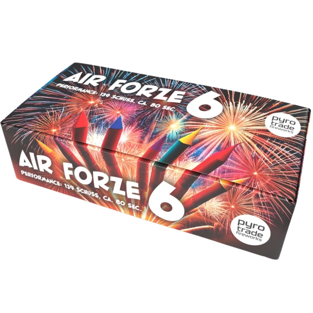 PGE-Pyrotrade Air Forze 6 Feuerwerksbatterie, dunkle Verpackung mit buntem Feuerwerk-Motiv, 129 Schuss ca. 80 Sekunden