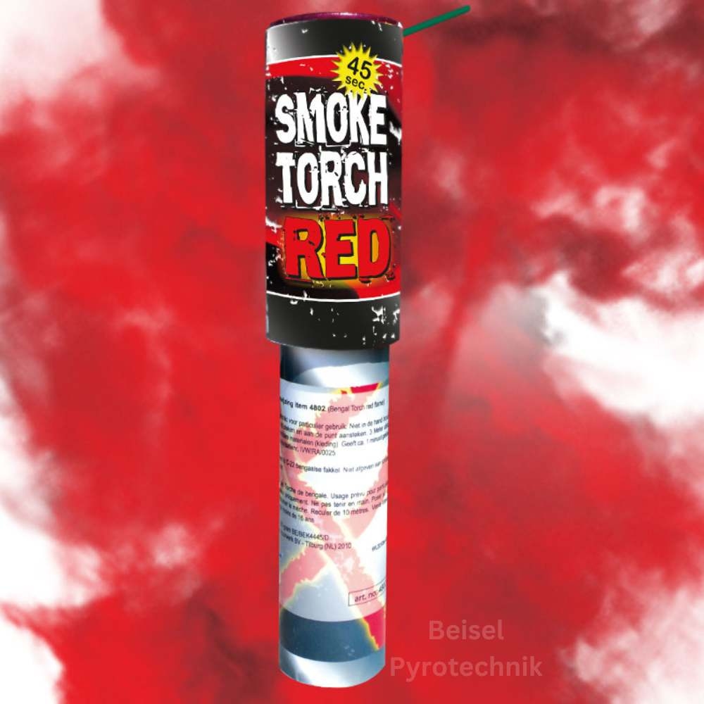 Rote Rauchfackel Smoke Torch Red von Vulcan vor rotem Raucheffekt auf weißem Hintergrund