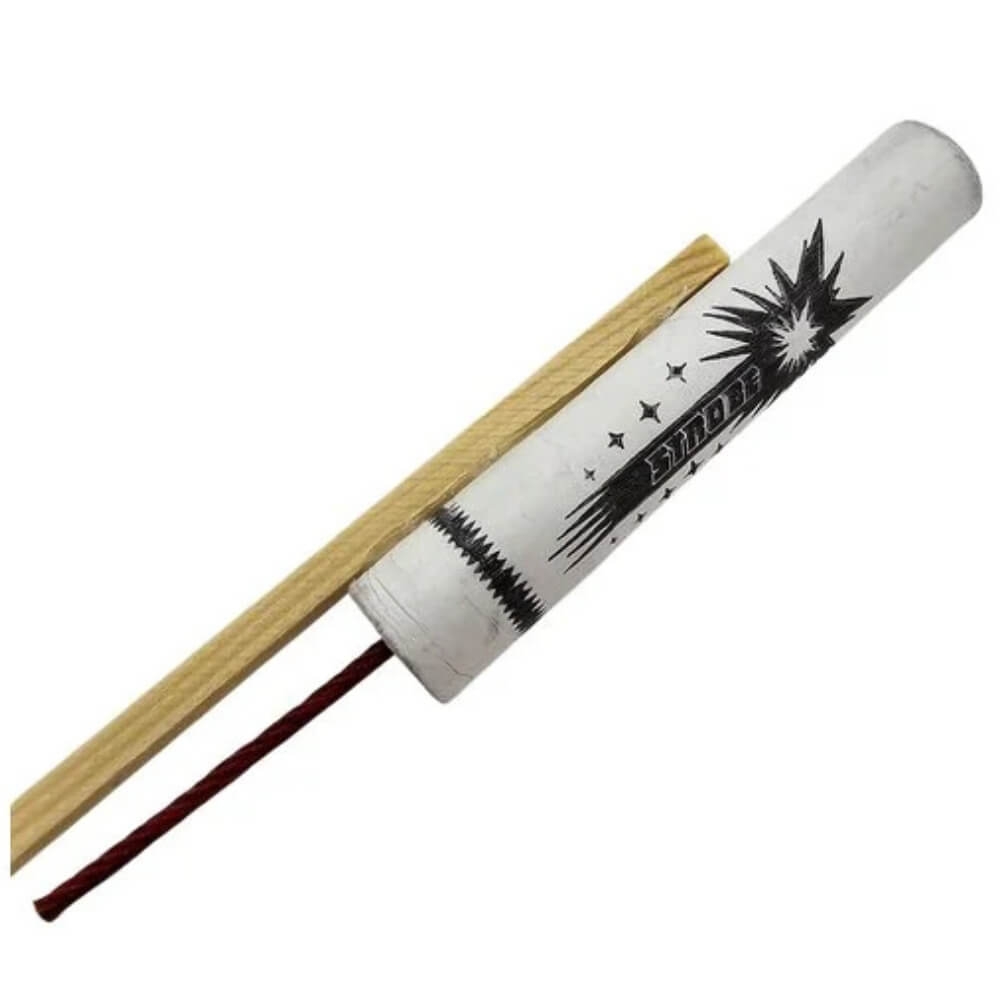 Strobe Rakete Einzelartikel, weißer Zylinder mit Holzstab und roter Zündschnur