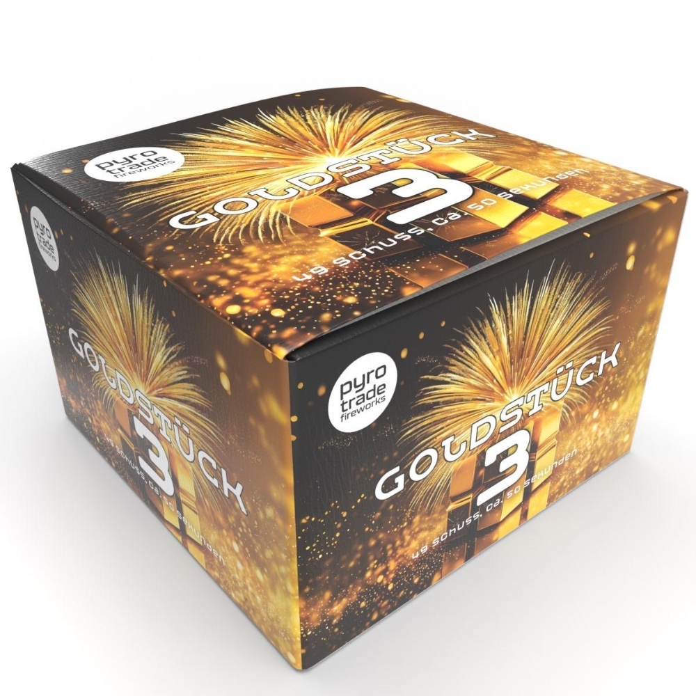 Pyrotrade Goldstück 3 Feuerwerk Batterie, 49 Schuss, schwarz-goldene Box