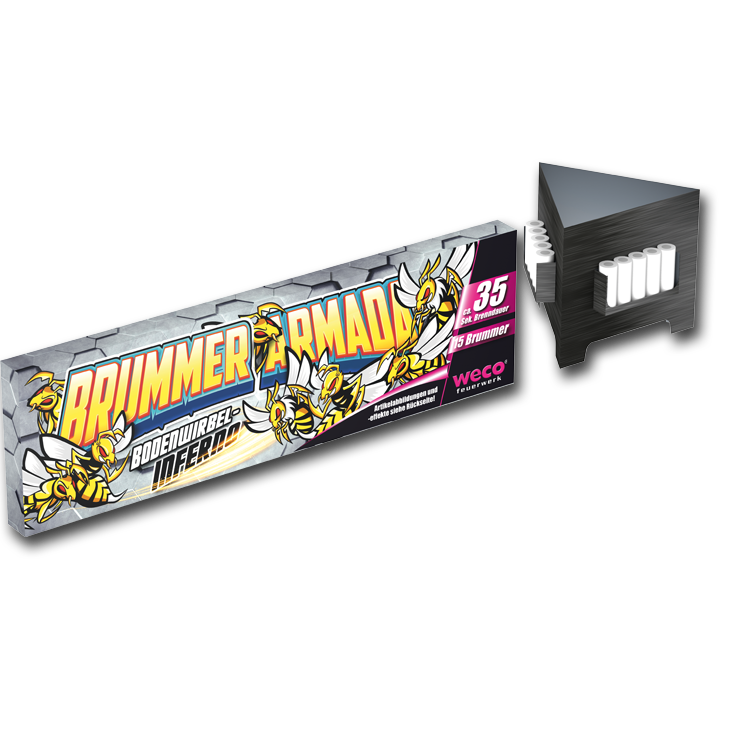 Weco Brummer Armada Bodenwirbel-Inferno mit 35 Brummern in silberner Verpackung mit Bienen-Motiv und Startrampe