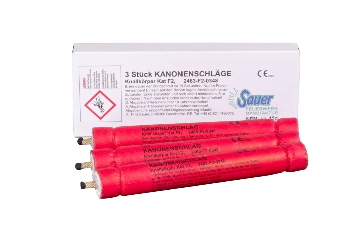 Drei rote Kanonenschläge von Sauer Feuerwerk Manufaktur mit weißer Verpackungsschachtel