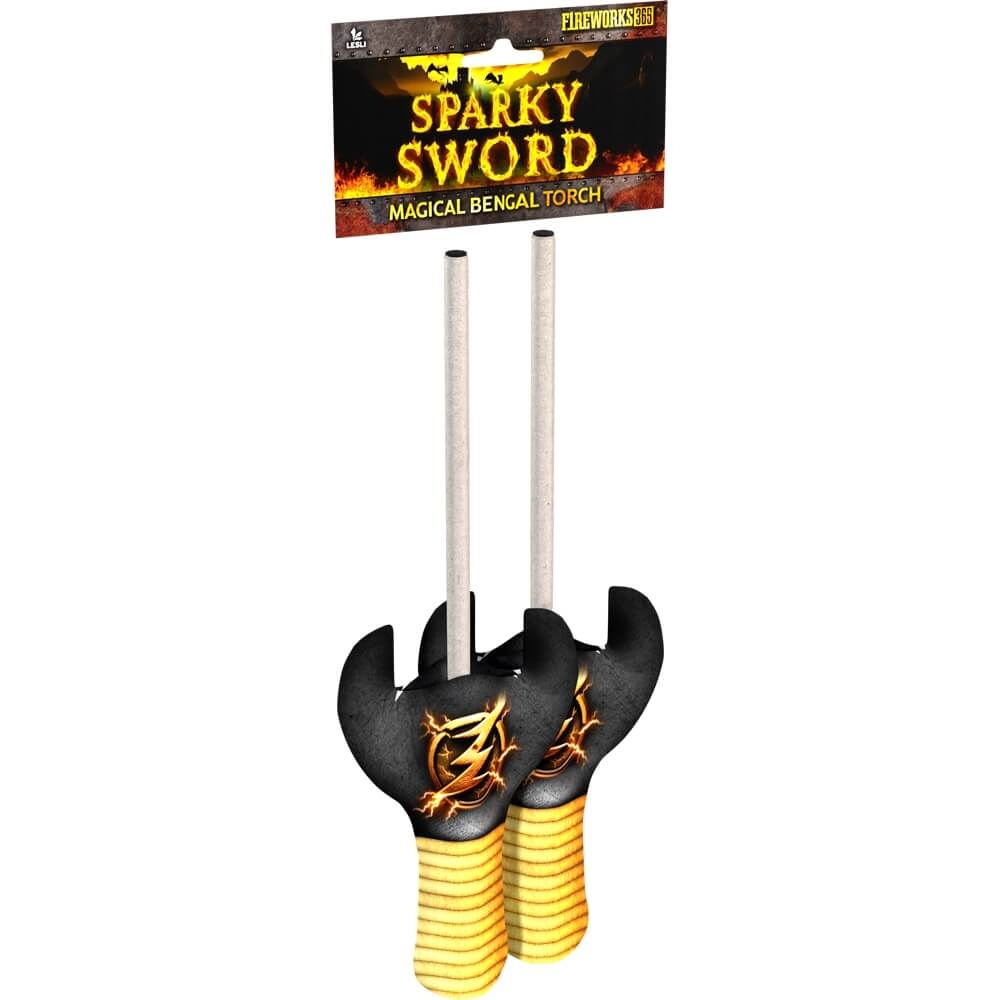 Zwei Bengalische Fackeln Sparky Sword von Lesli mit schwarzem Schwertgriff auf weißem Hintergrund