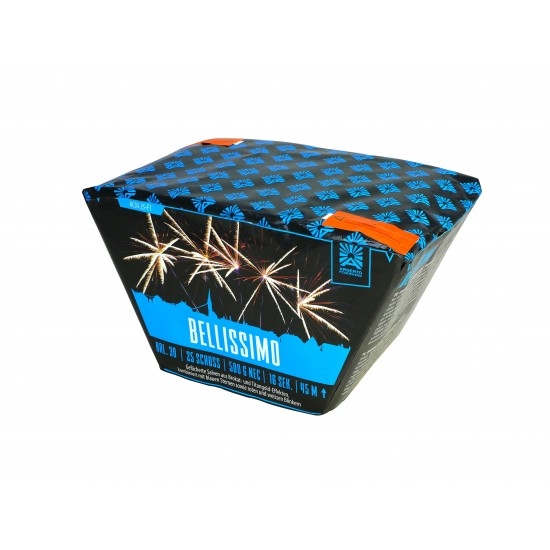 Feuerwerksbatterie in blau-schwarzer Verpackung mit Feuerwerkseffekten, Aufschrift BELLISSIMO, 25 Schuss Fächerbatterie