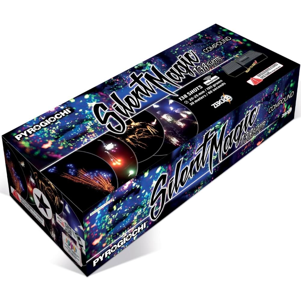 Silent Magic Compound Feuerwerk 138 Schuss, 1911g, 30m, 80 Sek, Pyrogiochi, dunkle Box