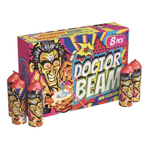 Vulcan Doctor Beam Mini-Fontänen 8er-Päckchen in bunter Kartonverpackung mit Comic-Figur, daneben vier einzelne Fontänen
