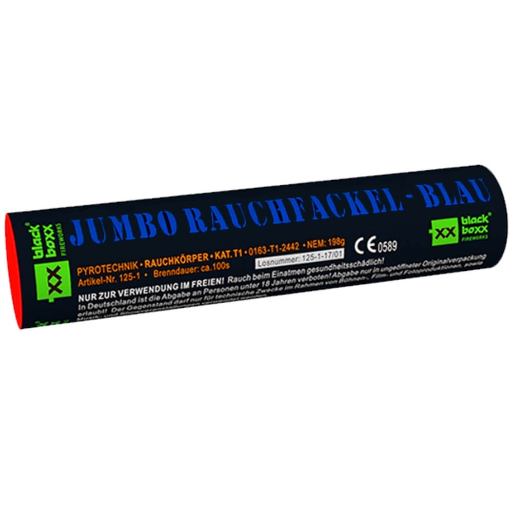 Dunkelblaue Black Boxx Fireworks Jumbo Rauchfackel Blau, Kat. T1, NEM 198g, Brenndauer ca. 100s, Artikel-Nr. 125-1