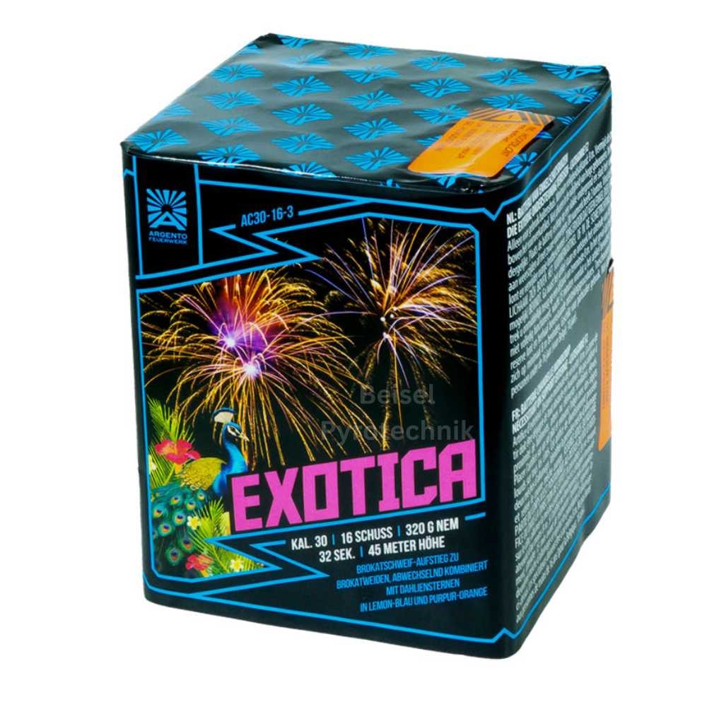 Exotica Argento Feuerwerksbatterie 16 Schuss Kal. 30, blaue Verpackung mit Pfauenmotiv