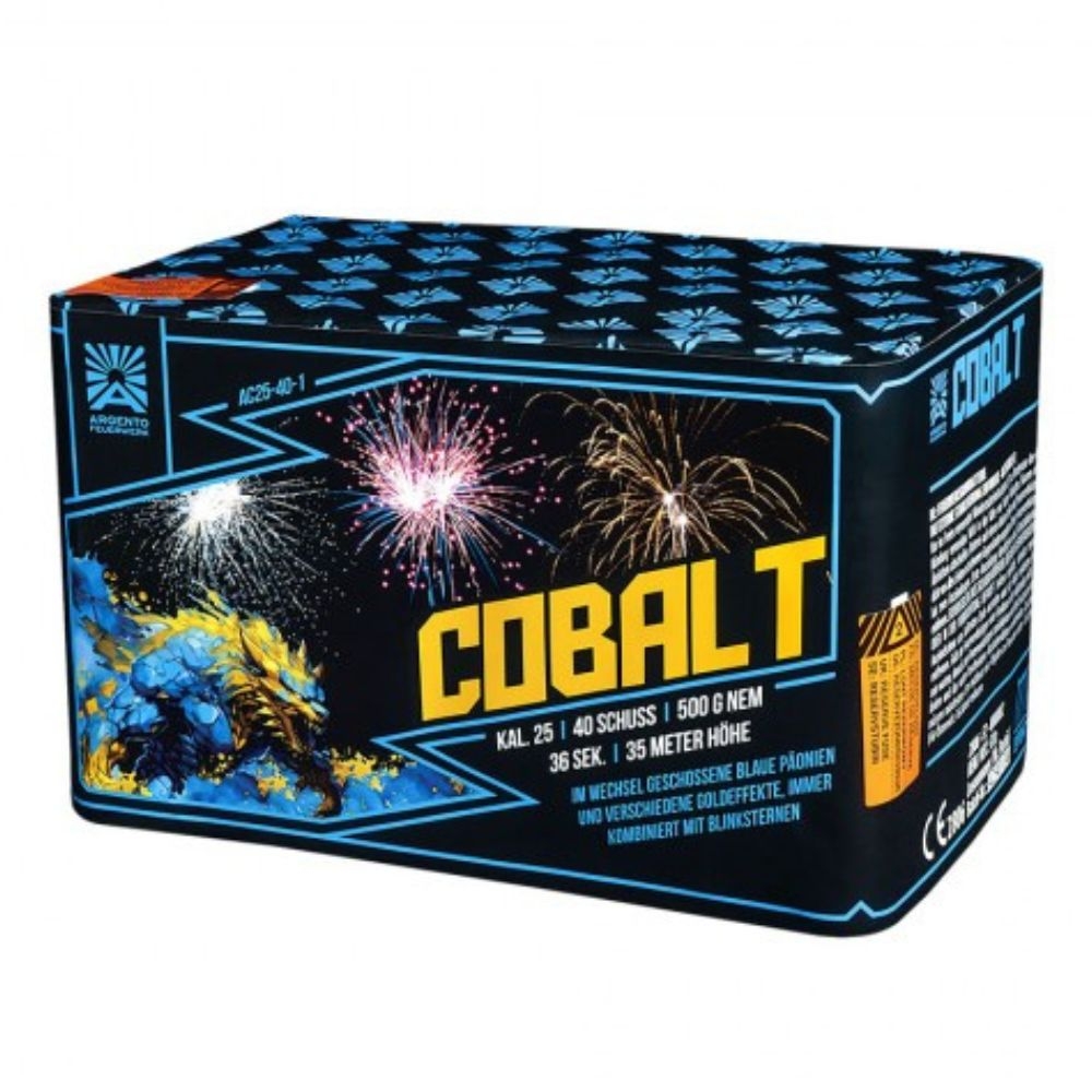 Argento Cobalt Feuerwerksbatterie in dunkelblauer Verpackung mit Drachenmotiv, 40 Schuss