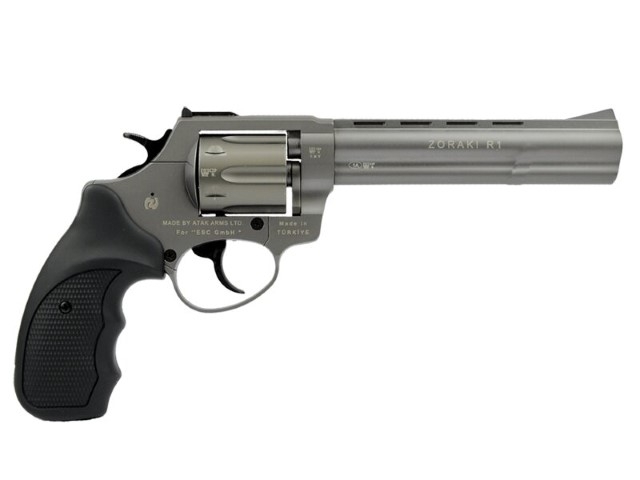 Zoraki R1 Schreckschussrevolver in Silber/Grau mit schwarzem Gummigriff, Seitenansicht