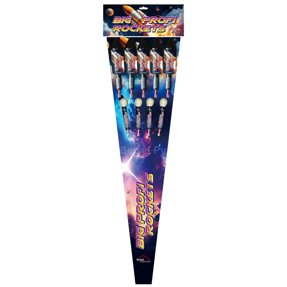 Beisel Big Profi Rockets Raketensortiment, Verkaufsboard mit mehreren Raketen, lila-blaue Weltraum-Illustration
