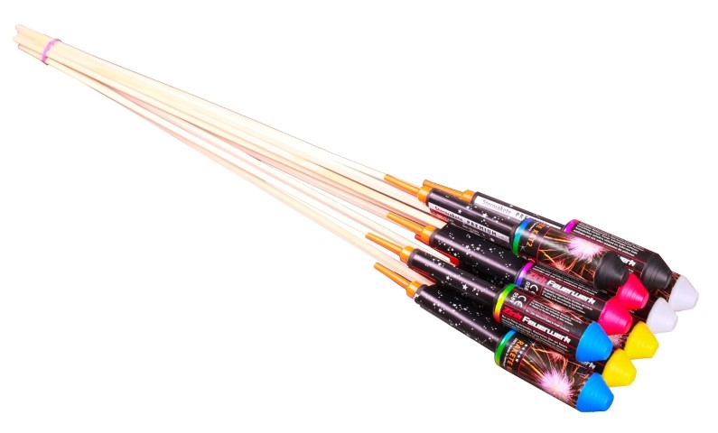 Bündel aus sechs Raketen mit bunten Sprengköpfen in blau, gelb, weiß, pink und grün, schwarze Körper mit Zündstäben