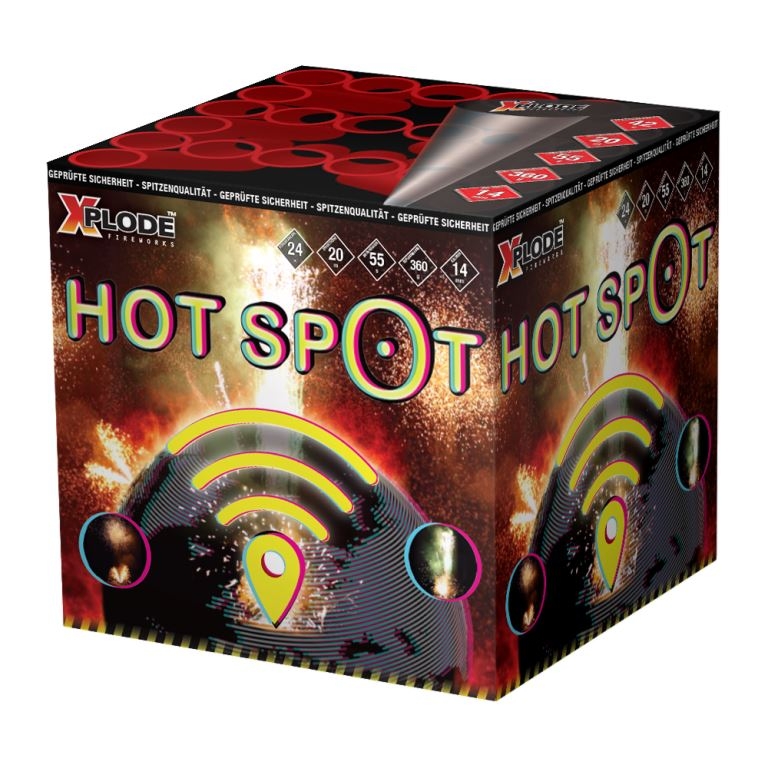 Xplode Hot Spot Feuerwerksbatterie in schwarzroter Verpackung mit WiFi-Motiv, 55 Schuss