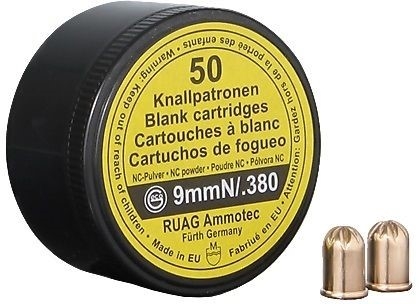 Schwarze Runddose mit 50 GECO Knallpatronen 9mmN/.380 von RUAG Ammotec und zwei Patronen daneben