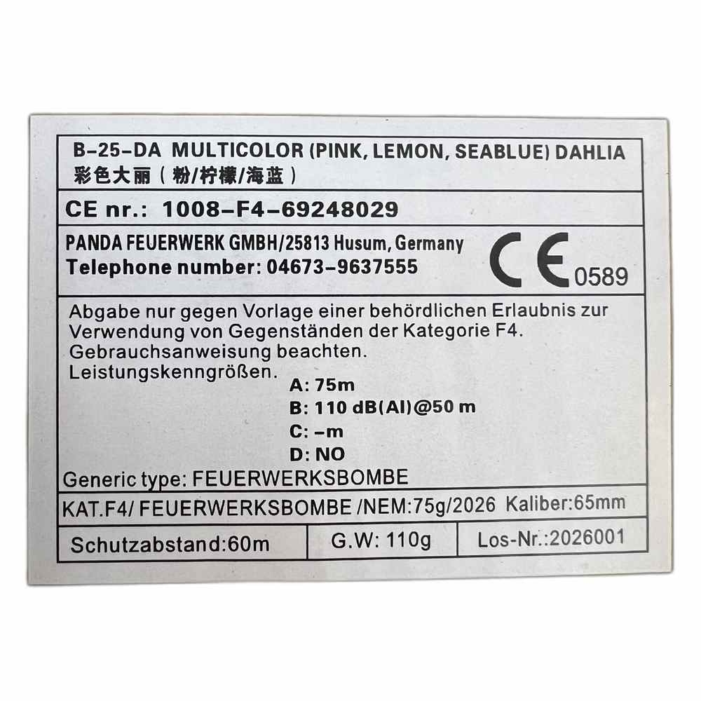 65mm Kugelbombe F4 - Dahlia Multicolor (Pink, Lemon, Seablue)