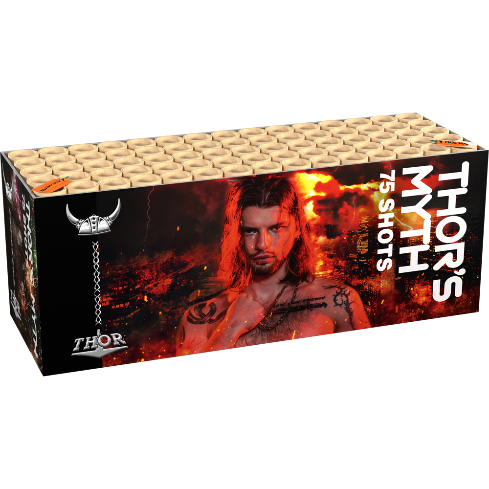 Große Feuerwerksbatterie in schwarzer Verpackung mit Wikingerillustration, Aufschrift THOR'S MYTH, 75 Schuss