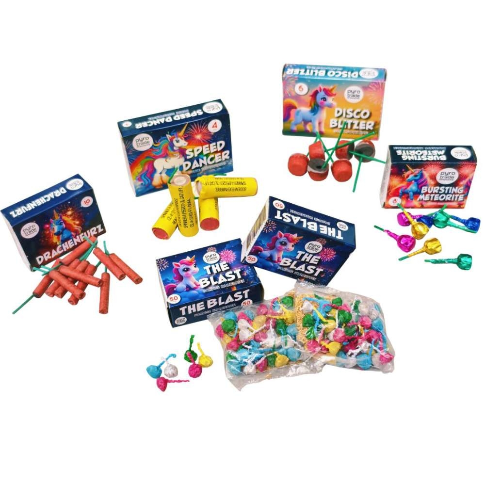 PGE-Pyrotrade Jugendfeuerwerk Sortiment, mehrere Packungen Speed Dancer, The Blast, Disco Blitzer, Drachenfurz und Bursting Meteorite nebeneinander