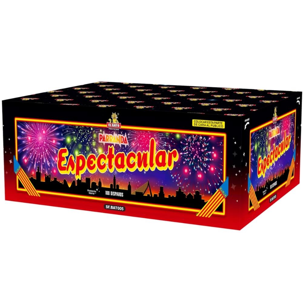Parranda Espectacular 100 Schuss Feuerwerk von El Gato, schwarzrote Box mit Stadtsilhouette