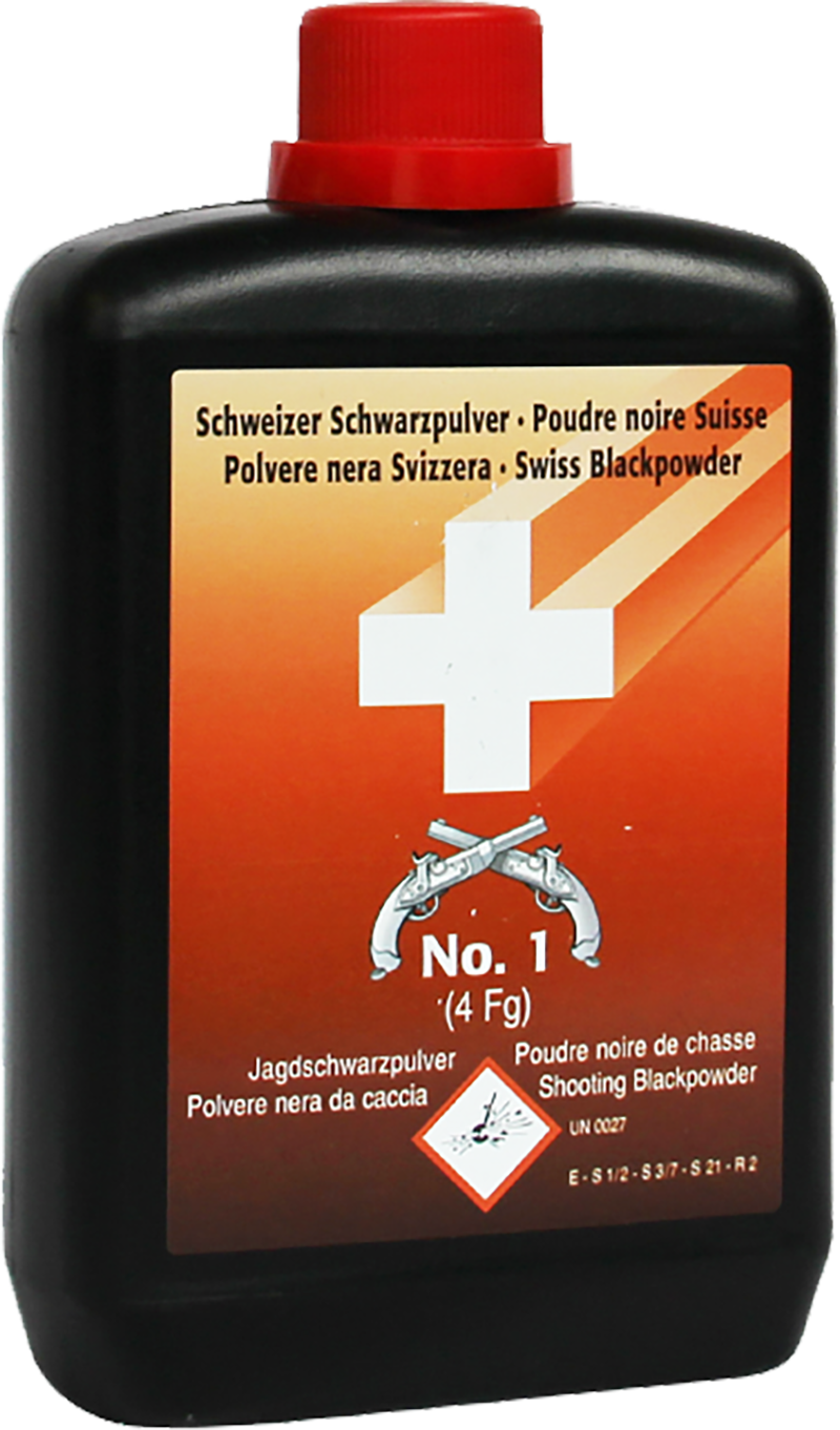 Schwarze Flasche mit rotem Deckel und Aufschrift Schweizer Schwarzpulver No. 1 4Fg Jagdschwarzpulver, Schweizer Kreuz auf orangem Etikett