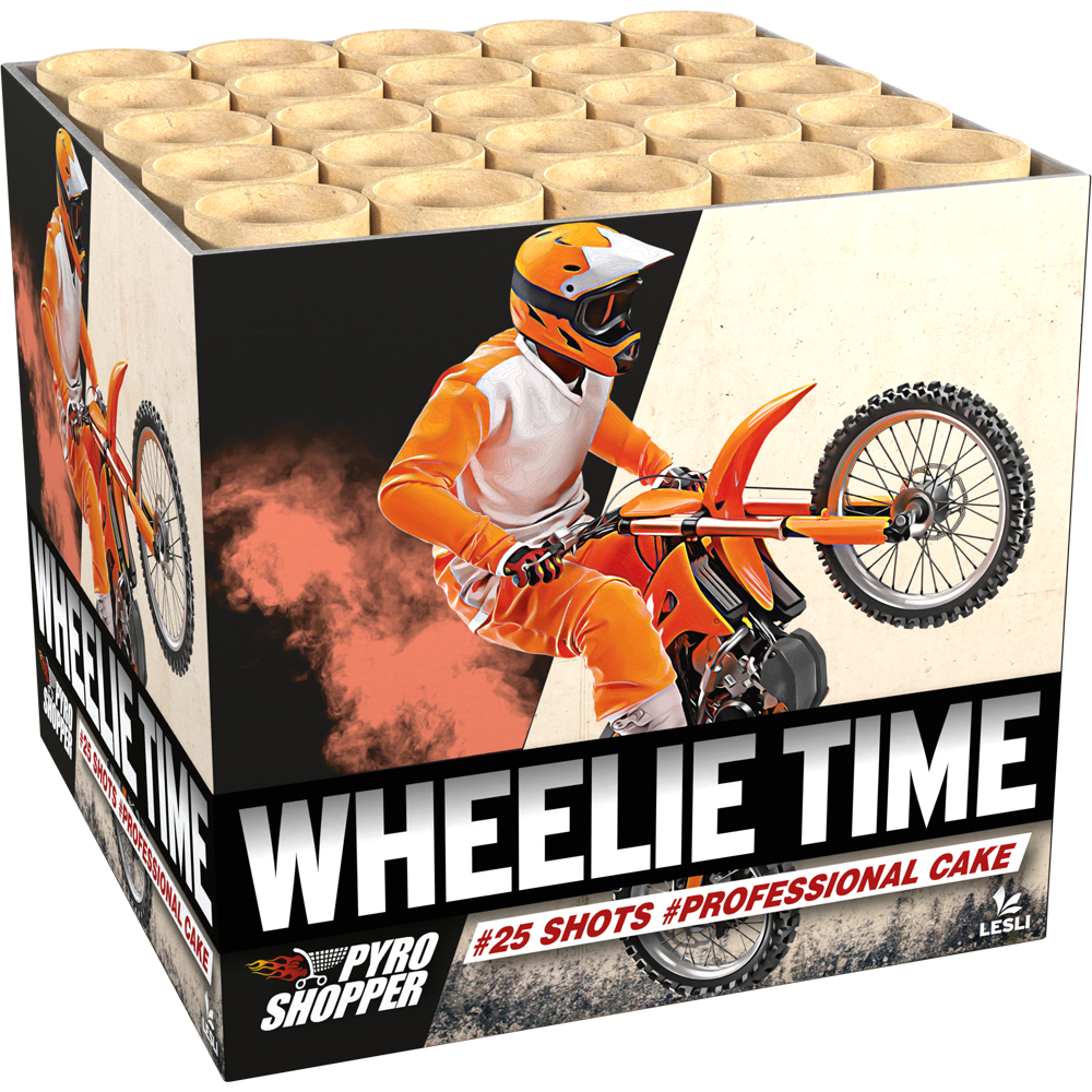 Feuerwerksbatterie Wheelie Time von Lesli mit Motocross-Motiv, 25 Schuss Professional Cake
