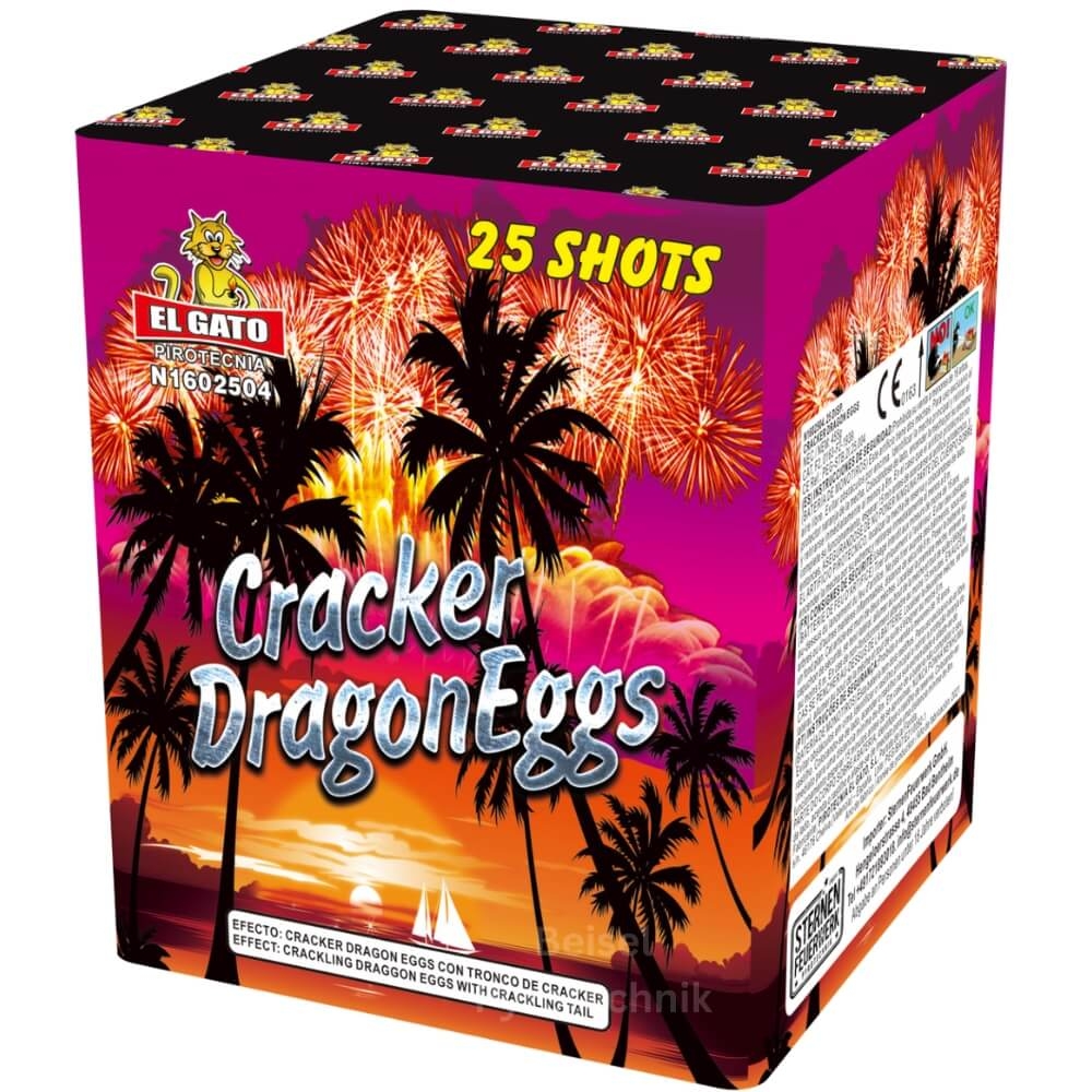 Cracker Dragon Eggs 25 Shots Feuerwerk von El Gato, pinke Box mit Palmen und Sonnenuntergang-Motiv