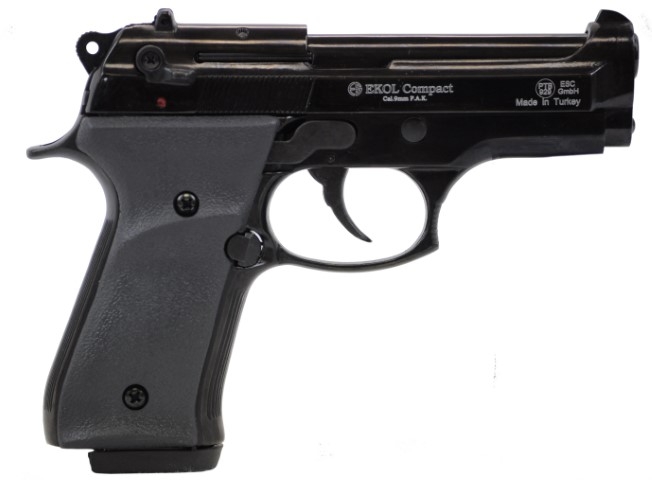 Schwarze Schreckschusspistole Ekol Compact mit Kunststoffgriff, Seitenansicht