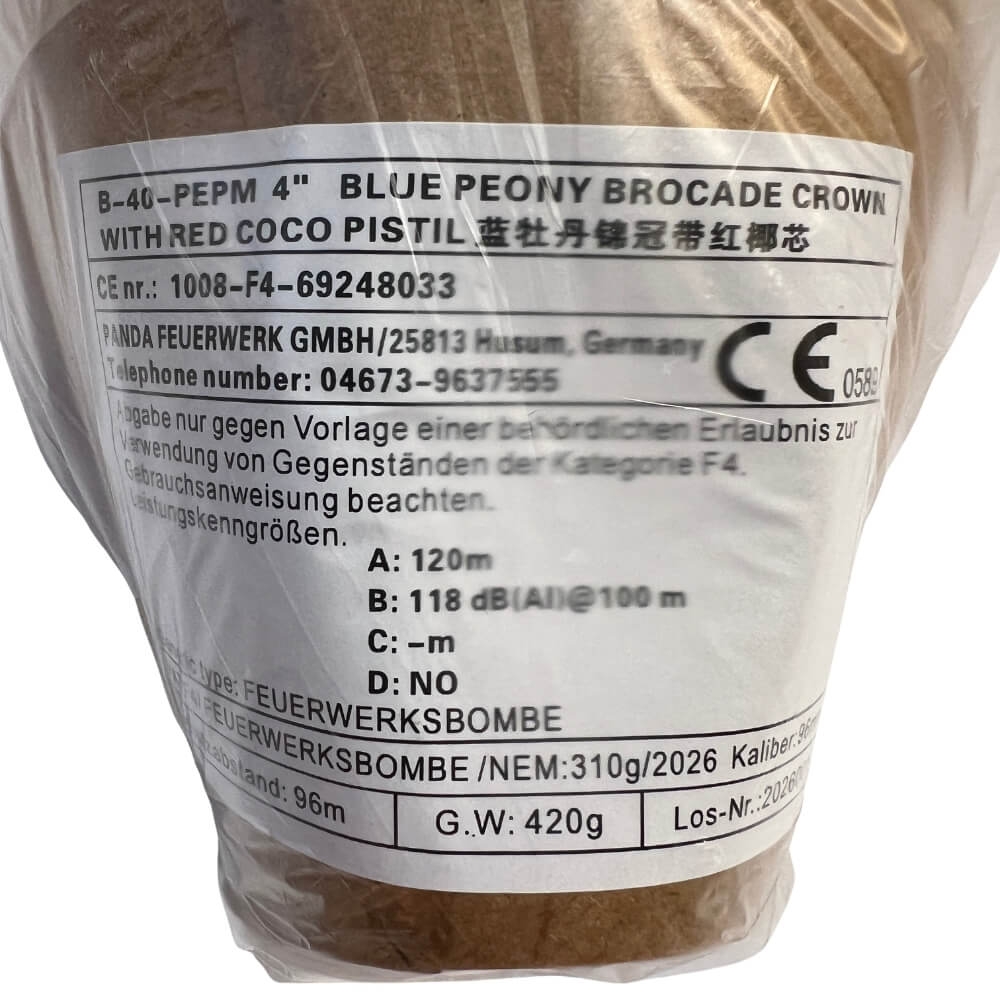 100mm Kugelbombe F4 - Blue Peony Brocade Crown with red coco pistil