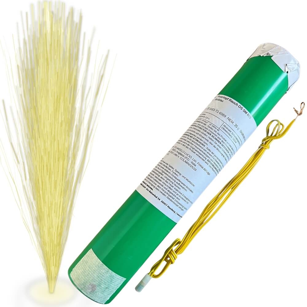 Feuertopf Rauch OS SM gelb, grüner Zylinder, gelber elektrischer Anzünder separat, gelbliche Rauchfontäne