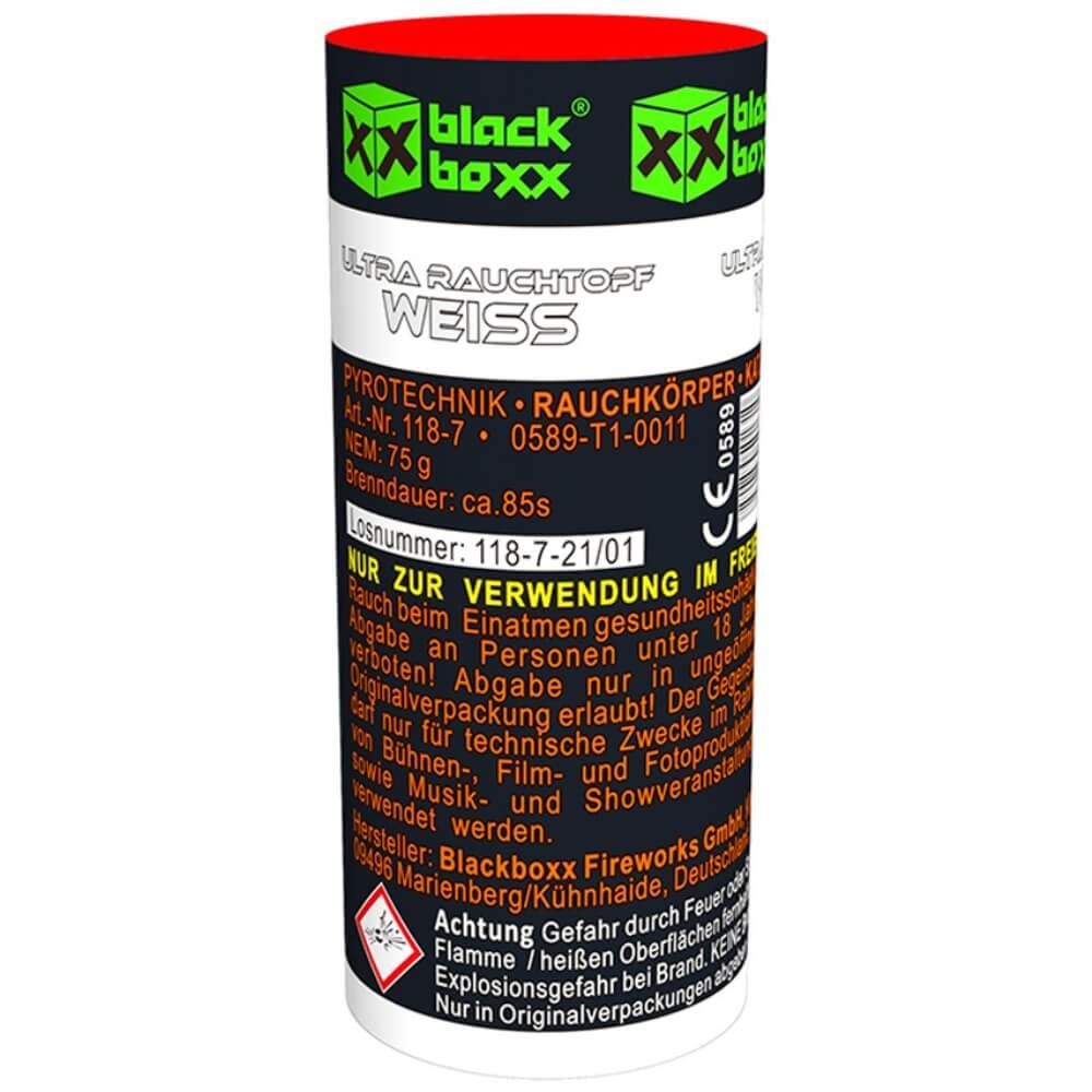 Ultra Rauchtopf Weiss Black Boxx, 75g, 85s Brenndauer, schwarzer Zylinder mit weißem Band