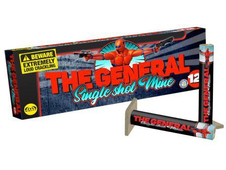 Dunkelblaue Verpackung der Wolff The General Single Shot Mine mit 12er-Pack und Soldaten-Motiv