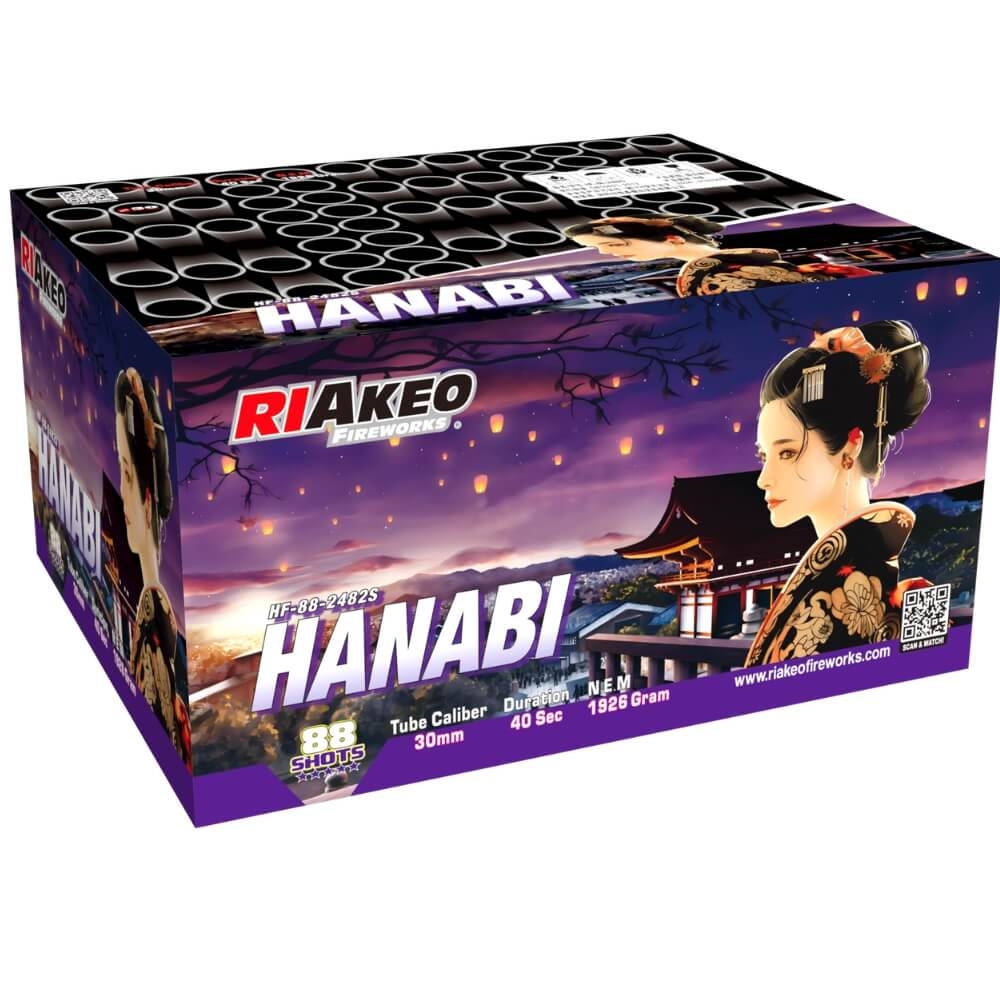 Hanabi Feuerwerk 88 Schuss, 30mm, NEM 1926g, Riakeo, lila Karton mit japanischem Motiv