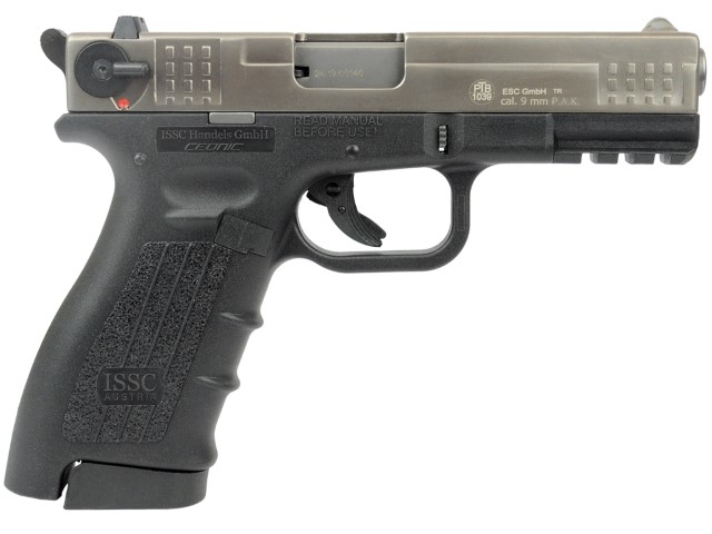 ISSC M22-9 CEONIC Schreckschusspistole mit silbernem Schlitten und schwarzem Rahmen, 9mm PAK