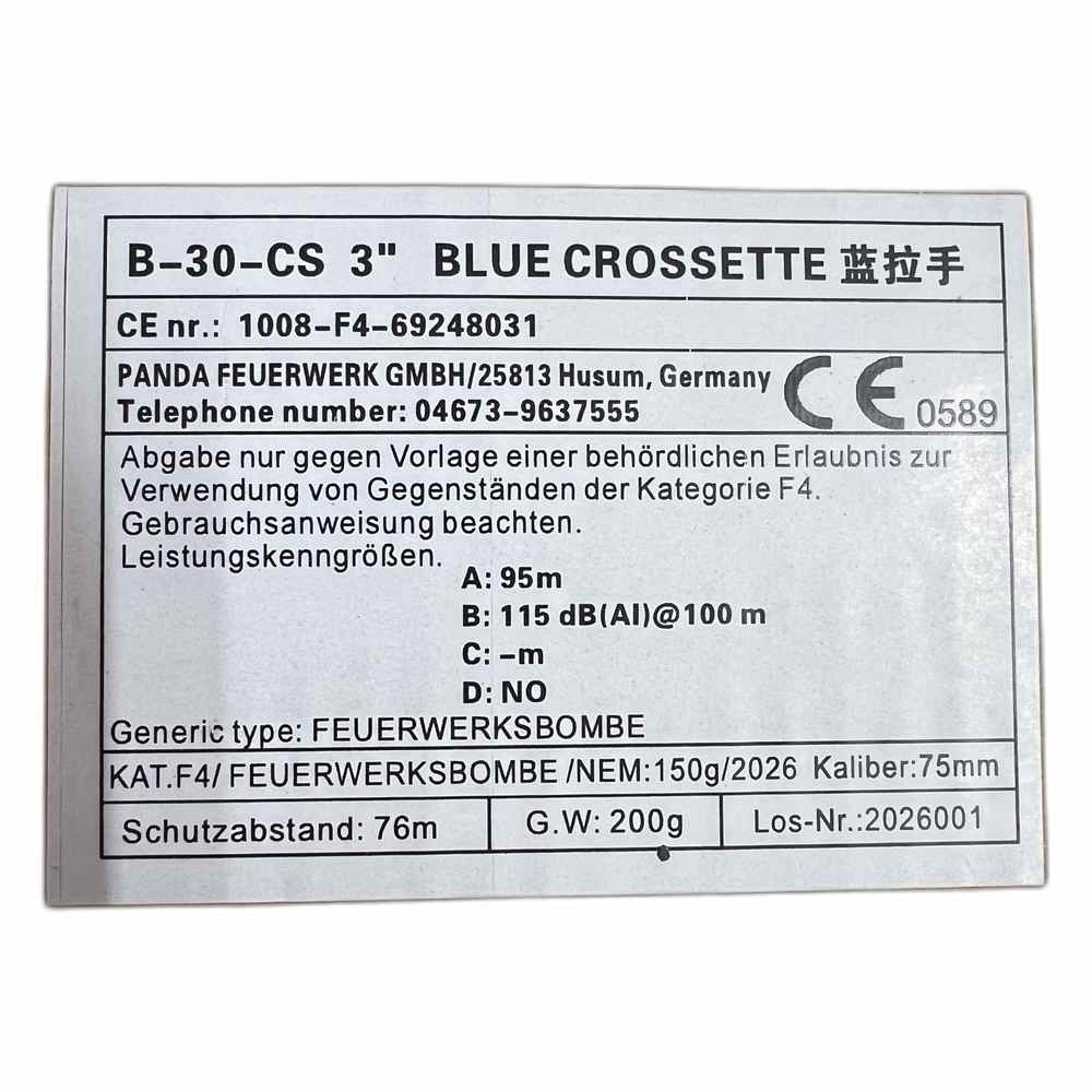 Panda Blue Crossette 3" Etikett, KAT.F4 Feuerwerksbombe Kaliber 75mm, Schutzabstand 76m, Panda Feuerwerk GmbH Husum