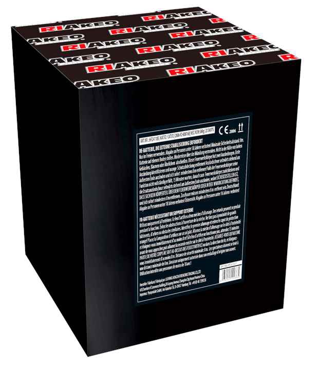 Riakeo Verbundfeuerwerk Rückseite in schwarzer Verpackung mit Produktinformationen und Riakeo-Branding