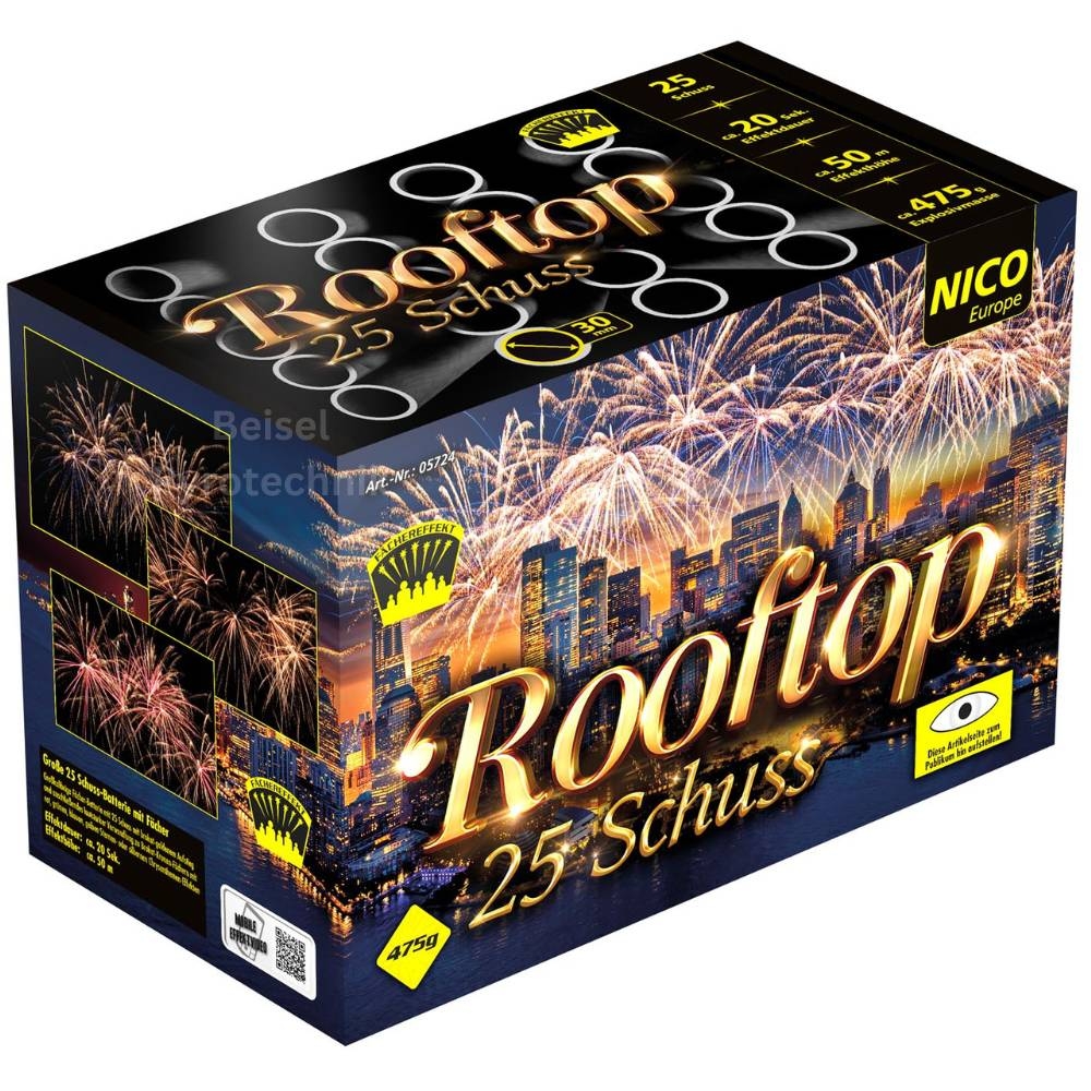 Feuerwerksbatterie in schwarz-goldener Verpackung mit Stadtpanorama, Aufschrift ROOFTOP 25 SCHUSS