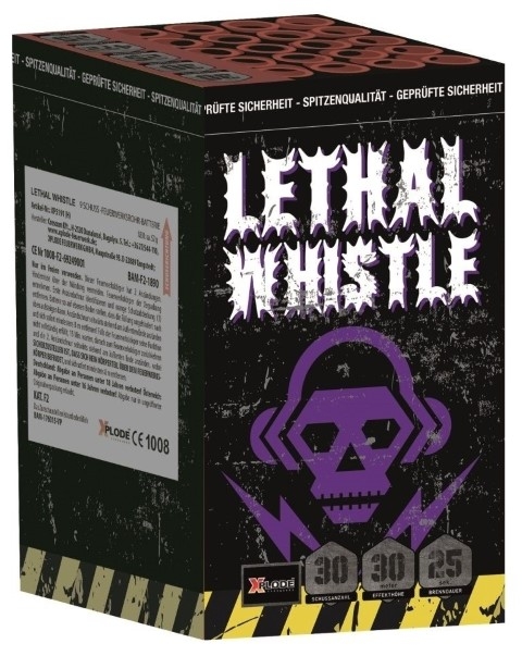 Feuerwerksbatterie in schwarzem Grunge-Design mit lila Totenkopf-Illustration, Aufschrift LETHAL WHISTLE, 30 Schuss