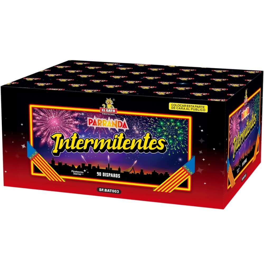 Parranda Intermitentes 90 Schuss Feuerwerk von El Gato, schwarzrote Box mit Feuerwerk-Motiv