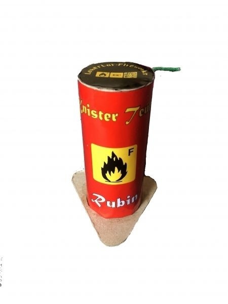 Pyrotechnik Rakete Rubin, rote Tube mit gelbem Flammen-Symbol und grüner Zündschnur