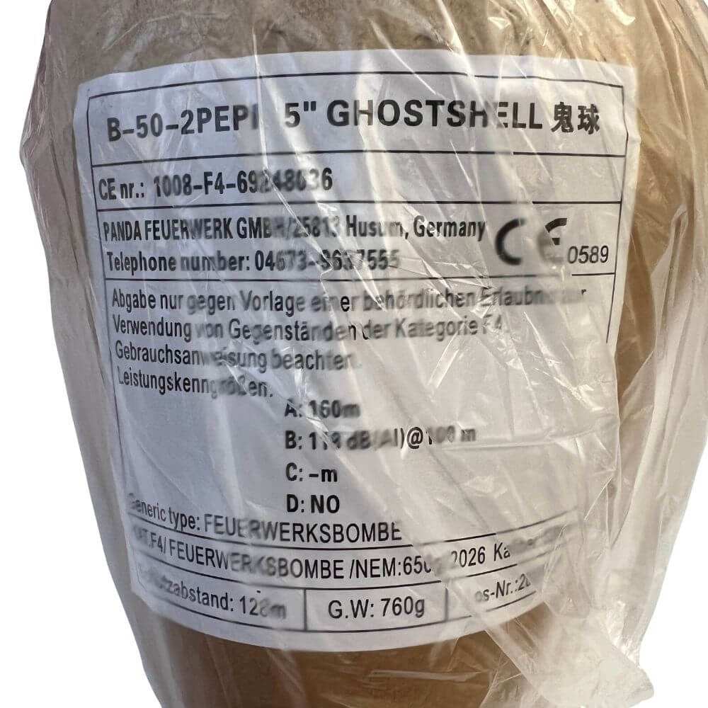 Kunststofffolien-verpackte Feuerwerksbombe mit Aufkleber B-50-2PEPI 5 Zoll Ghostshell von Panda Feuerwerk GmbH, KAT F4, NEM 650g