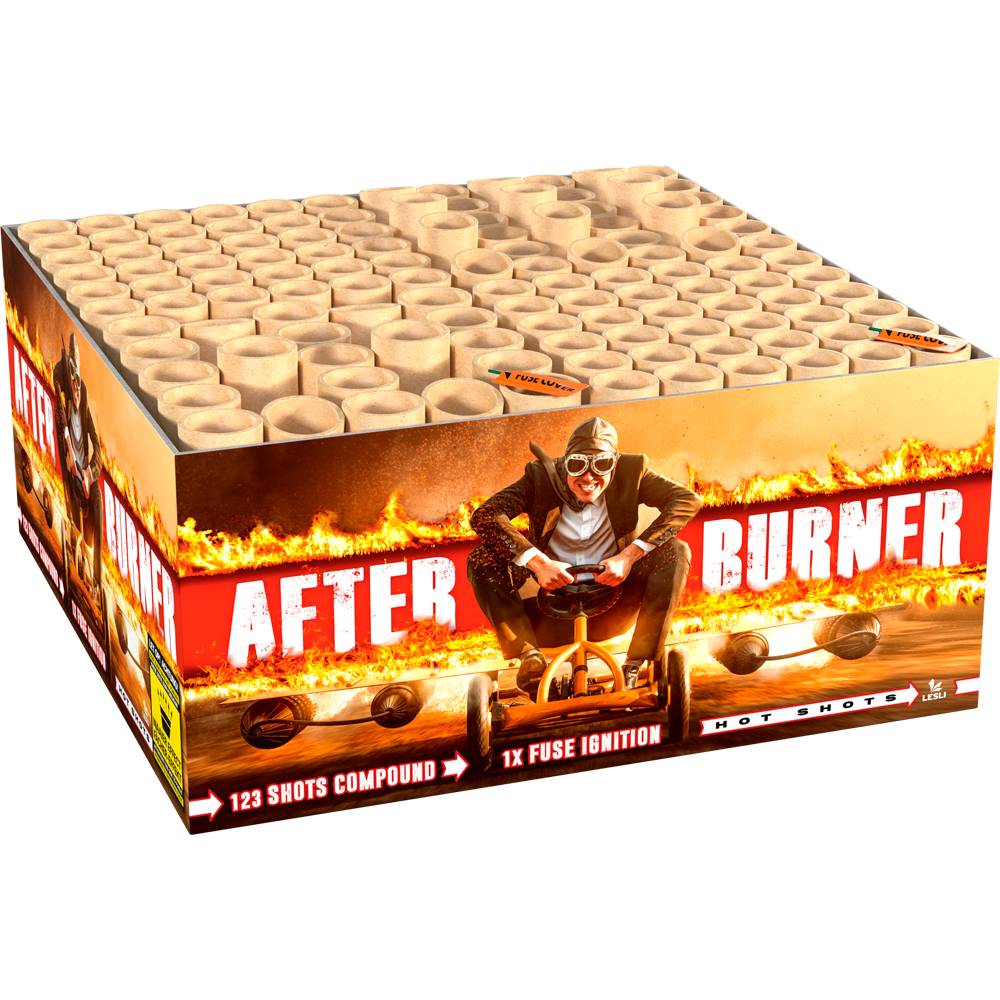 Große Feuerwerk-Batterie mit Rennfahrer-Illustration und Aufschrift After Burner Hot Shots von Lesli, 123 Schuss Compound, geöffnete Oberseite mit Mörserrohren