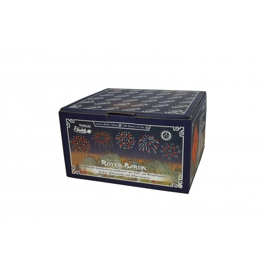 Roter Baron Lesli Feuerwerk Batterie, dunkelblaue Box mit Feuerwerk-Effektbild