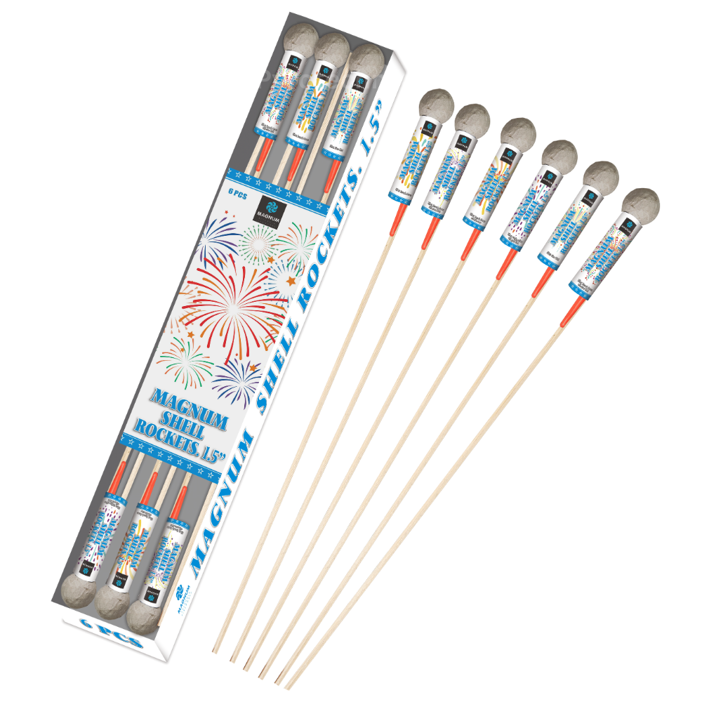 Sechs Kugelraketen mit grauen Koepfen und Holzstaeben, Verpackung mit Aufschrift Magnum Shell Rockets 1,5 Zoll, 6er-Sortiment
