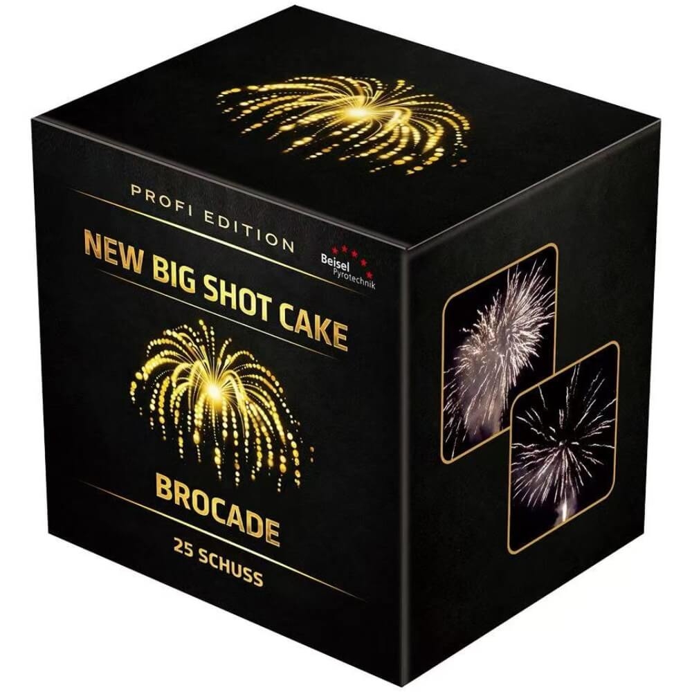 Beisel New Big Shot Cake Brocade, Profi Edition, 25 Schuss, schwarze Verpackung mit goldenen Effektfotos