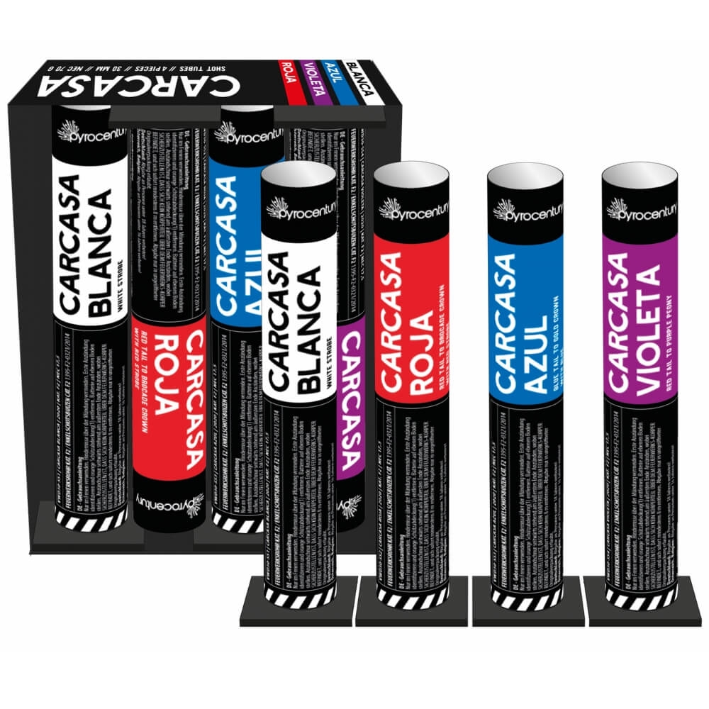 Carcasa Pyrocentury 4er-Set Schussrohre 30mm, Varianten Weiß, Rot, Blau, Violett, je mit Standfuß