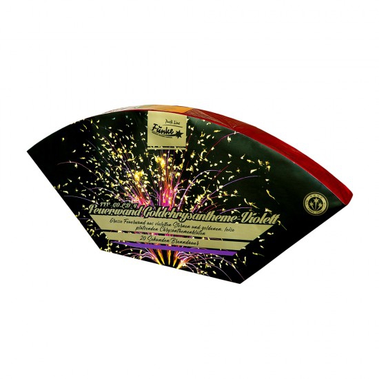 Fächerförmige Fontänenbatterie Goldchrysantheme-violett von Funke, dunkle Verpackung mit Feuerwerkseffekten