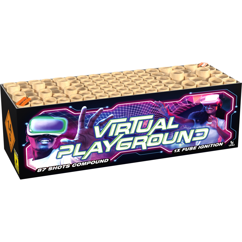 Schwarze Verbundfeuerwerk-Batterie mit VR-Brillen-Motiv und Aufschrift Virtual Playground von Lesli, 87 Schuss