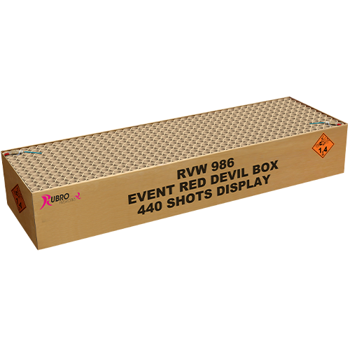 Großes Profi-Feuerwerk Event Red Devil Box von Rubro, 440 Schuss Display, kartonverpackt auf hellem Hintergrund