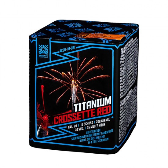 Dunkelblaue Argento-Batterie Titanium Crossette Red, 16 Schuss, 20mm, 25 Meter Höhe, mit blauem Lightning-Design