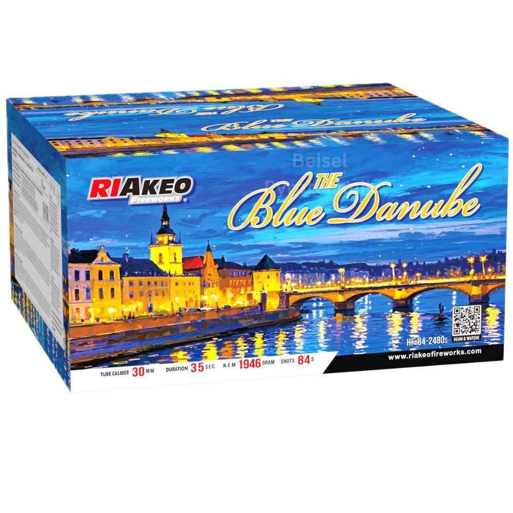 Riakeo The Blue Danube Feuerwerksbatterie 84 Shots in blauer Verpackung mit beleuchteter Stadtansicht